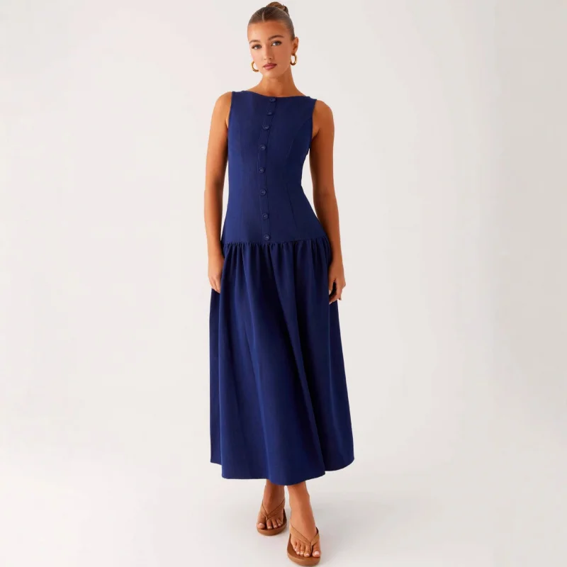 Women's Sleeveless Patchwork Slim Button Long Dress, Monochromatic, Spring, Summer, 2022