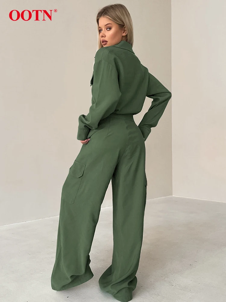 OOTN Fashion Khaki Long Jumpsuits Women 2024 Streetwear Long Sleeve Single Breasted Overalls Casual Green Loose Pants Jumpsuits