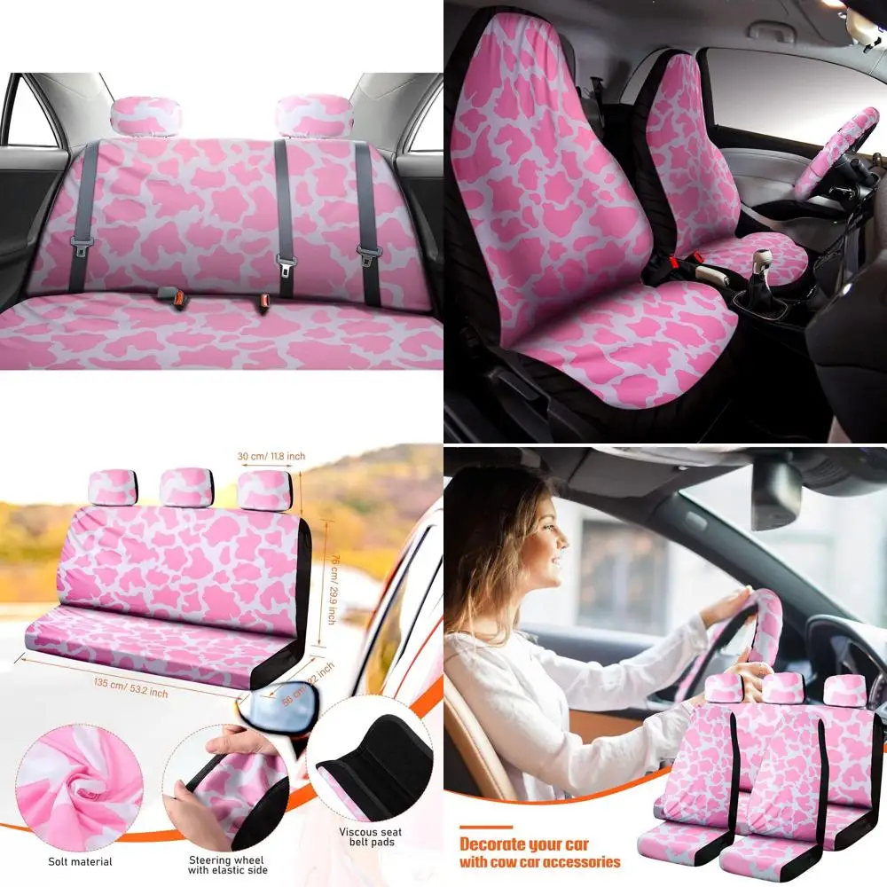 

Frienda 26-х шт. автомобильные аксессуары с розовым коровьим принтом — чехлы на сиденья с коровьим узором, полный комплект, милый чехол на руль, напольные коврики, центр