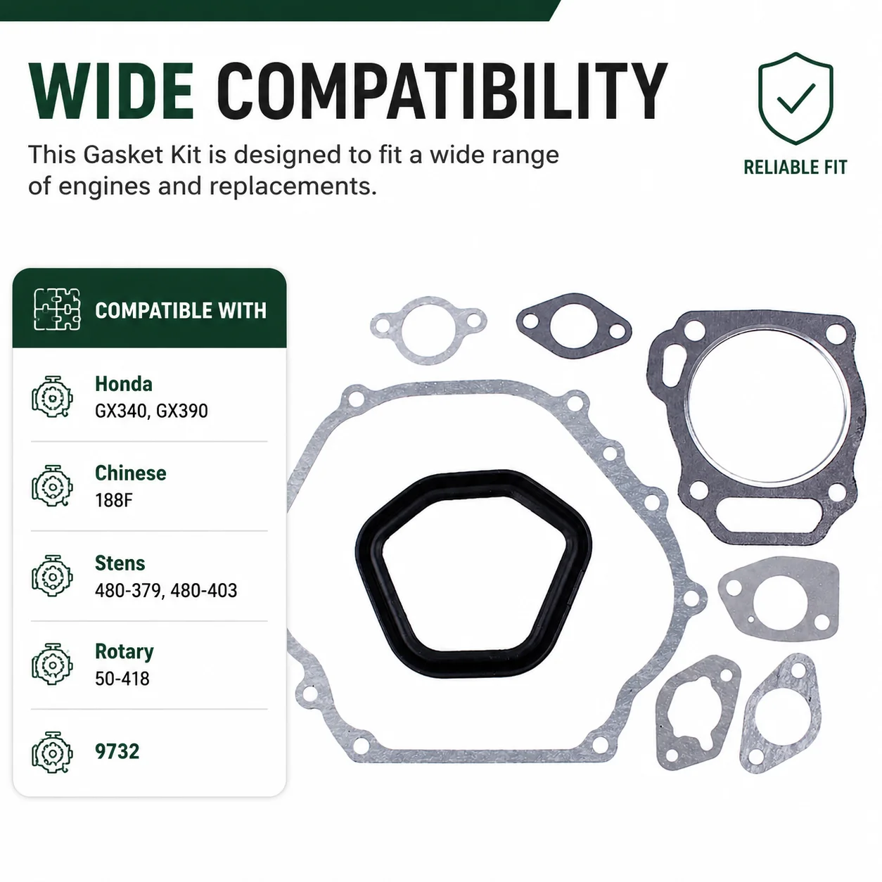 Full Gasket Set Fits Honda GX390 GX340 188F 11HP 5KW Gen Water Pump Compatible with Stens 480-379 480-403 Rotary 50-418 9732