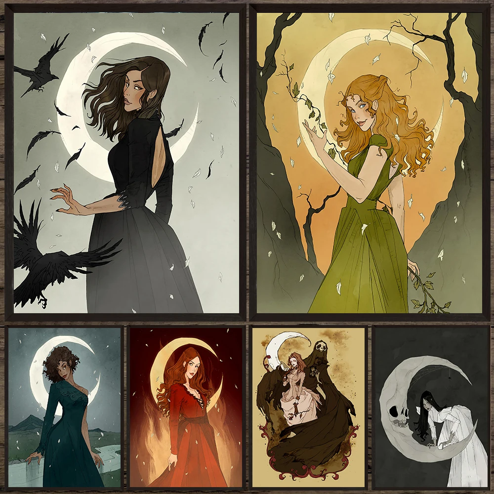 

Moonlit Coven & Abyssal Tides Sirens Abstract Wall Art Canvas Painting,Beautiful Witch Gothic Art Poster And Print Home Decor