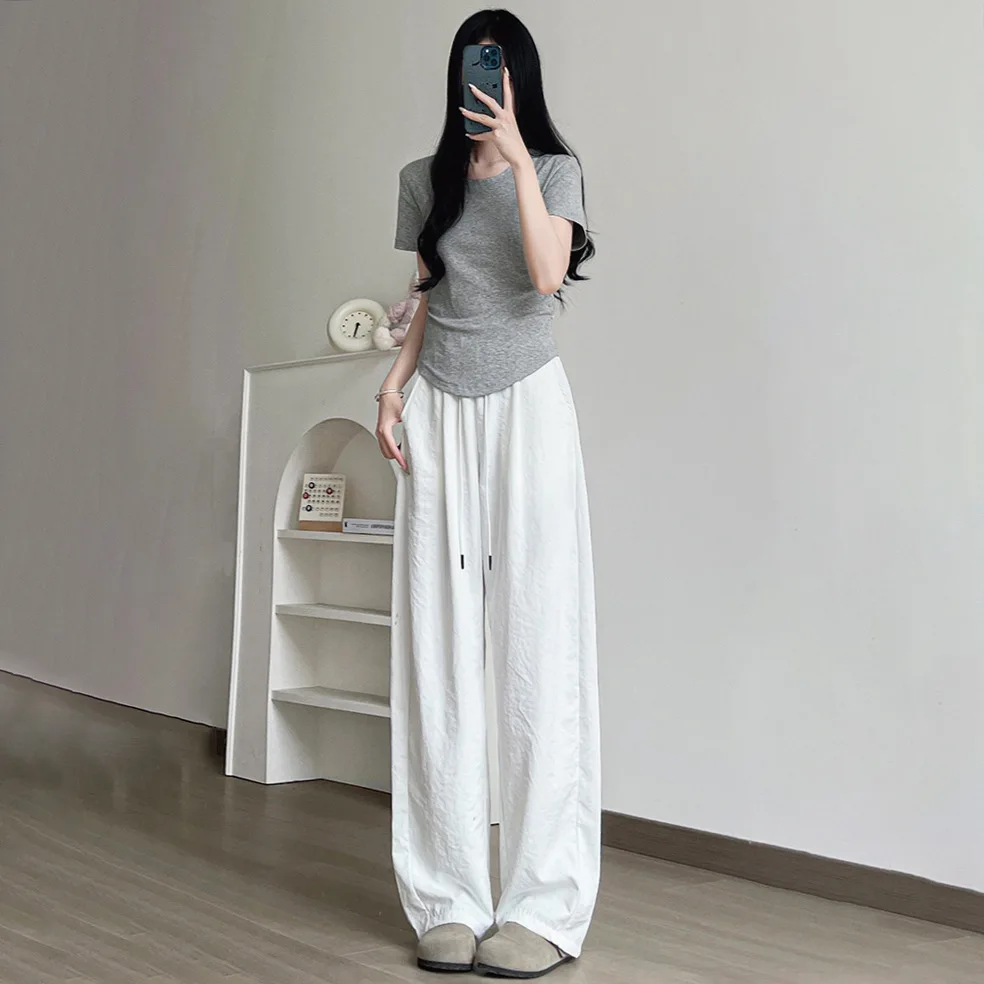 

White Sports Wide Leg Pants Thin High Waisted Sagging Loose Fitting Small Casual Quick Curved Pants for Women