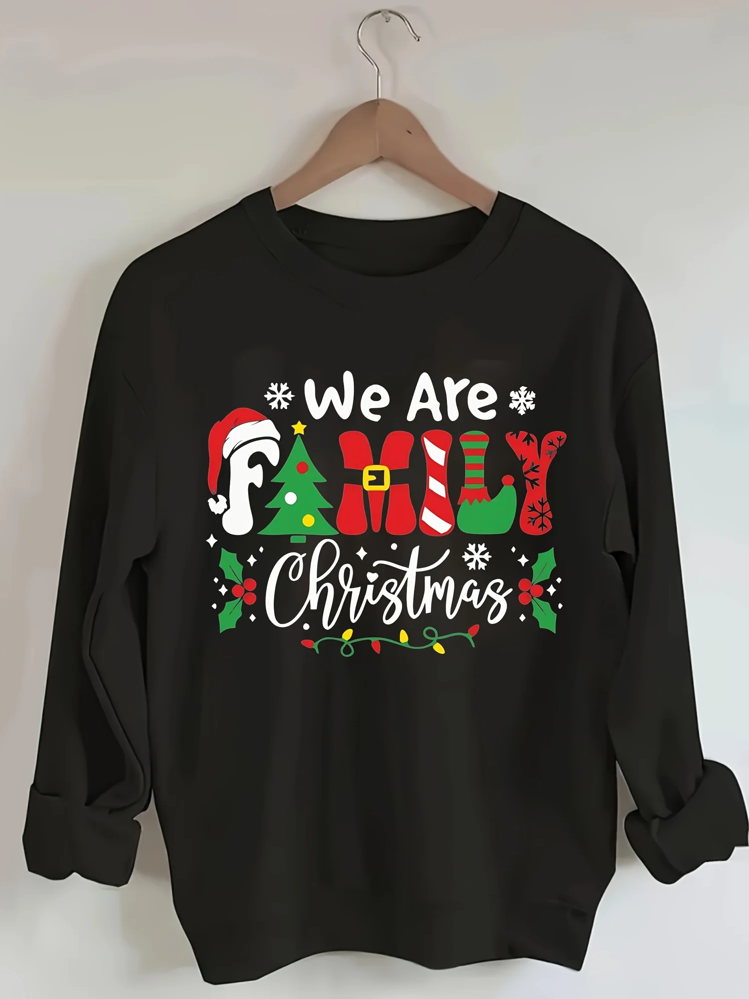 

We Are Family Printed Christmas Women's Hoodie with Autumn and Winter Round Neck Creative Top and Fashionable Pullover