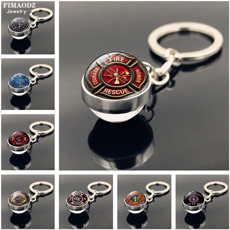 Rescue Firefighter Keychain Fire Extinguisher Hat Axe Tool Double Sided Glass Ball Pendant Metal Key Chain Men Car Key Ring