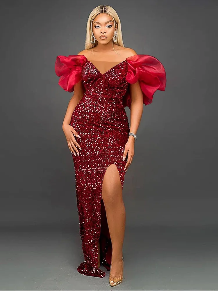 Evening Dresses Off Shoulder Lantern Sleeve Floor Length Sequins Shinny High Side Slit Prom Dress Party Gowns Dubai Saudi Arabia