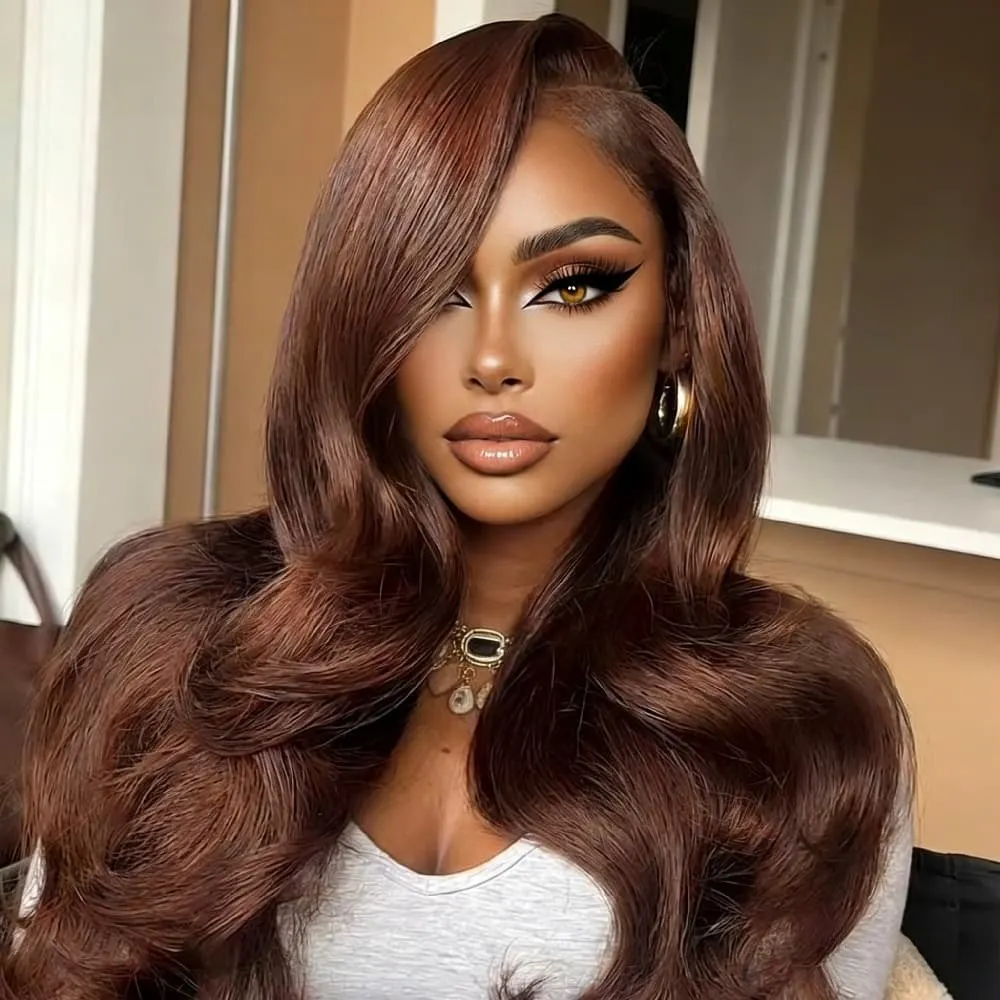 

Шоколадно-коричневый длинный парик с волнистыми локонами и кружевной передней частью из натуральных волос, плотность 250%, парик из натуральных волос 13x4 HD с прозрачной кружевной передней частью для женщин