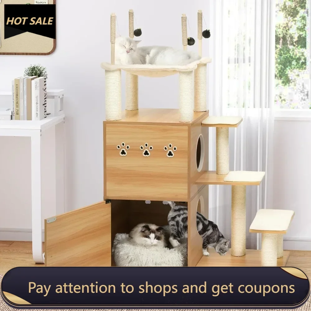 

Modern Cat Tree With Litter Box Enclosure Houses and Habitats Large Cat Tower With Hammock Beds Cats Cats Pet Products Bed For &