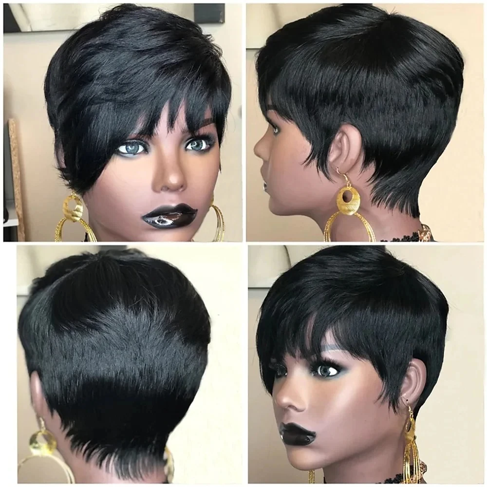 1B black Synthetic hair costume Wig Black Short Brazilian Virgin Hair Pixie Cut Wig With Bangs 8 Inch + wig cap