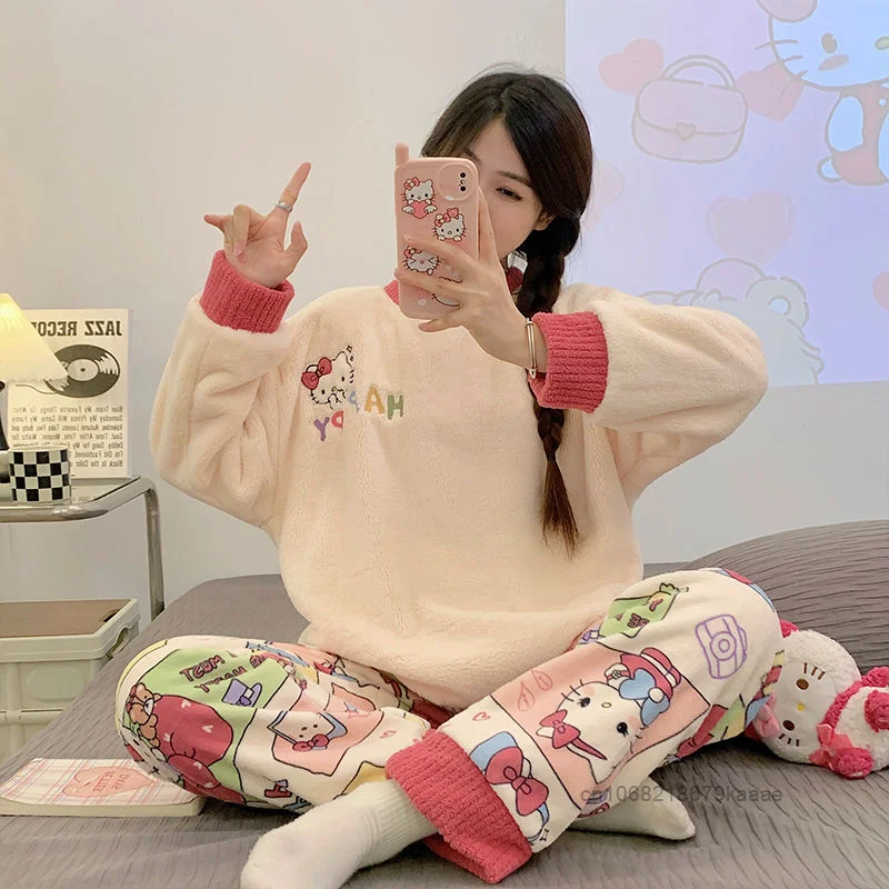 Hello Kitty New Thick Coral Velvet Cartoon Sleepwear Women Winter Fashion Warm Home Suit Set Cute Pattern Sweet Y2k Girl Pajamas