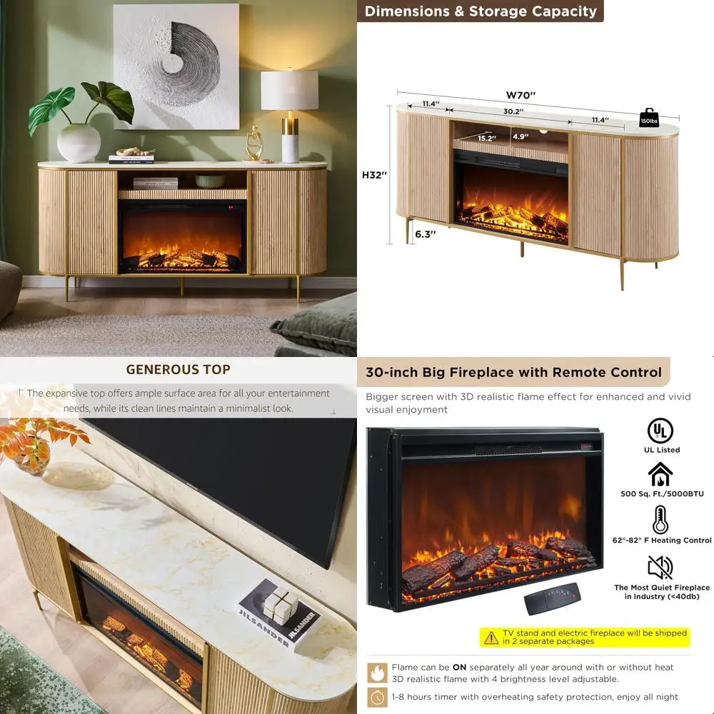 

Modern 80 TV Entertainment Center with Faux Marble Top & Fluted Fireplace Design