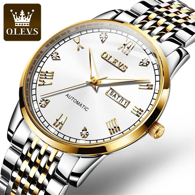OLEVS-Relógio Mecânico de Luxo Masculino, Aço Inoxidável, Impermeável, Negócios, Top Brand