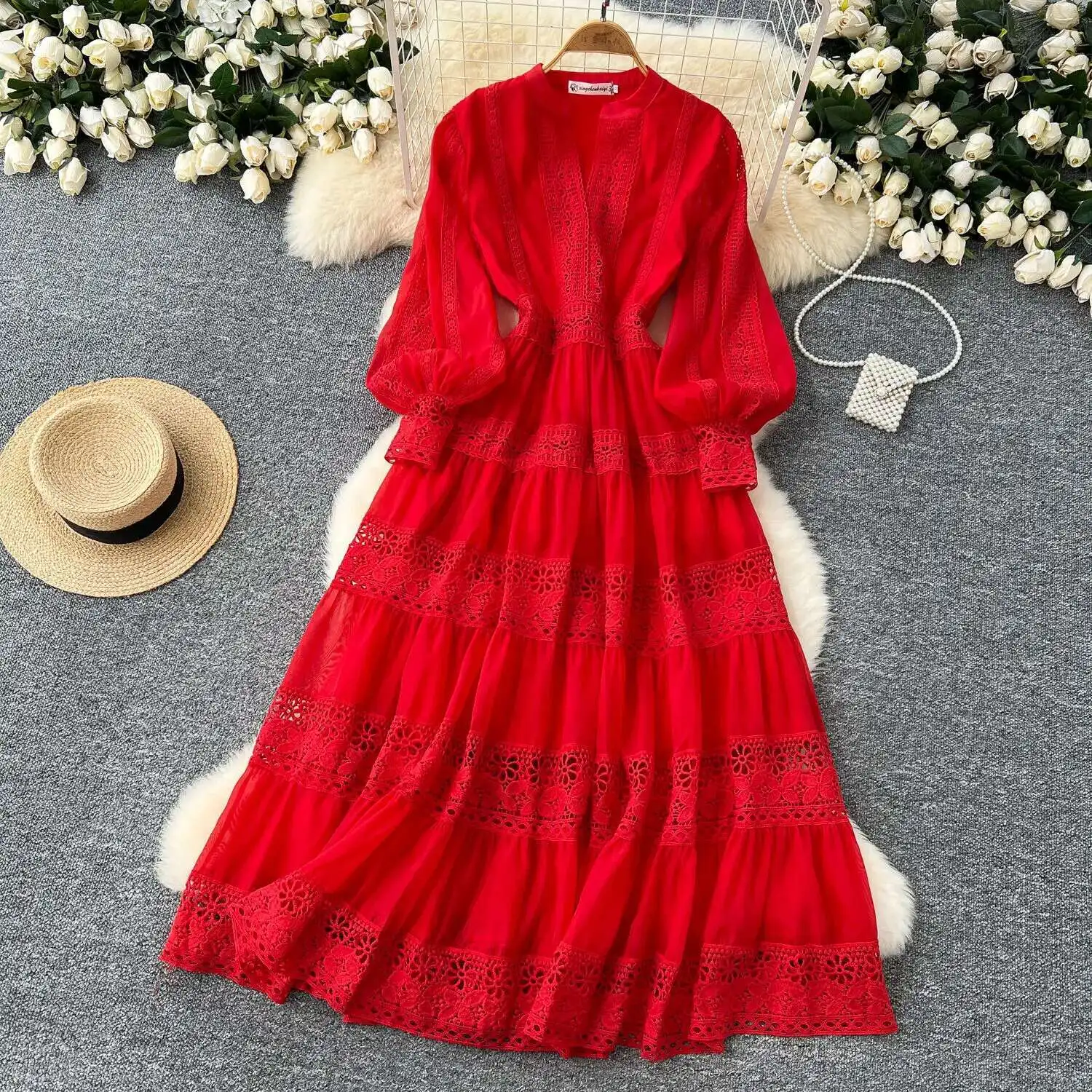 Vestido de noche bordado de encaje blanco liso para mujer, bata Midi de manga larga para fiesta y boda, moda de verano y otoño