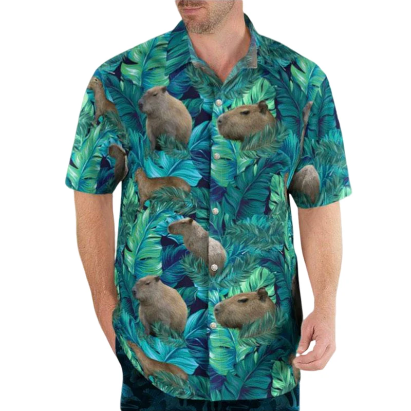 Animal Cute Capybara Graphic Shirts for Men Clothing 3D Printing Hawaiian Beach Shirt Short Sleeve y2k Tops Clothes Lapel Blouse