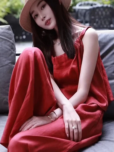

Red Cotton Linen Two-Piece Set Women's Elegant Summer New Style Small Fragrance Style Belted Pants Suit Commute Long Pants