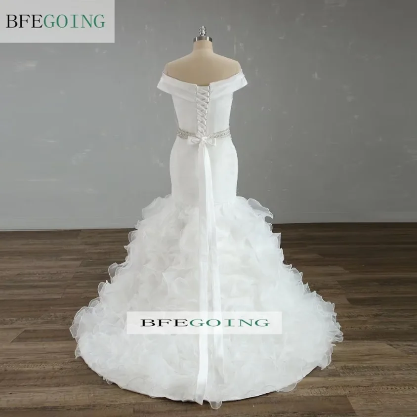 Mermaid/Trumpet Wedding Dresses Chapel Train Customized Off The Shoulder V-Neck Floor-Length Bridal Gowns