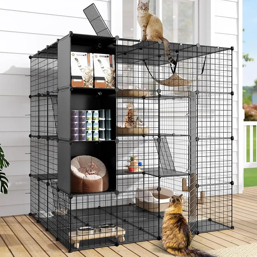 

DW O Large Cat Cage with Storage Cube, 4 Tiers DIY Indoor Cat Enclosures Metal Cat Playpen Catio with Large Hammock for 1-4 Cats