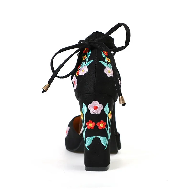 MVVJKE  Plus Size Embroidered High Heels Pumps Flower Ankle Strap Shoes Woman Two Pieces Sexy Party Wedding Pointed ToeE056