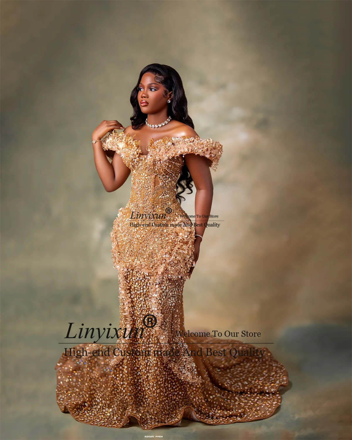 Sparkly Crystals Stones Mermaid Prom Dresses Customized Black Girl Evening Gown Off Shoulder Aso Ebi Robe Wedding Party Dress