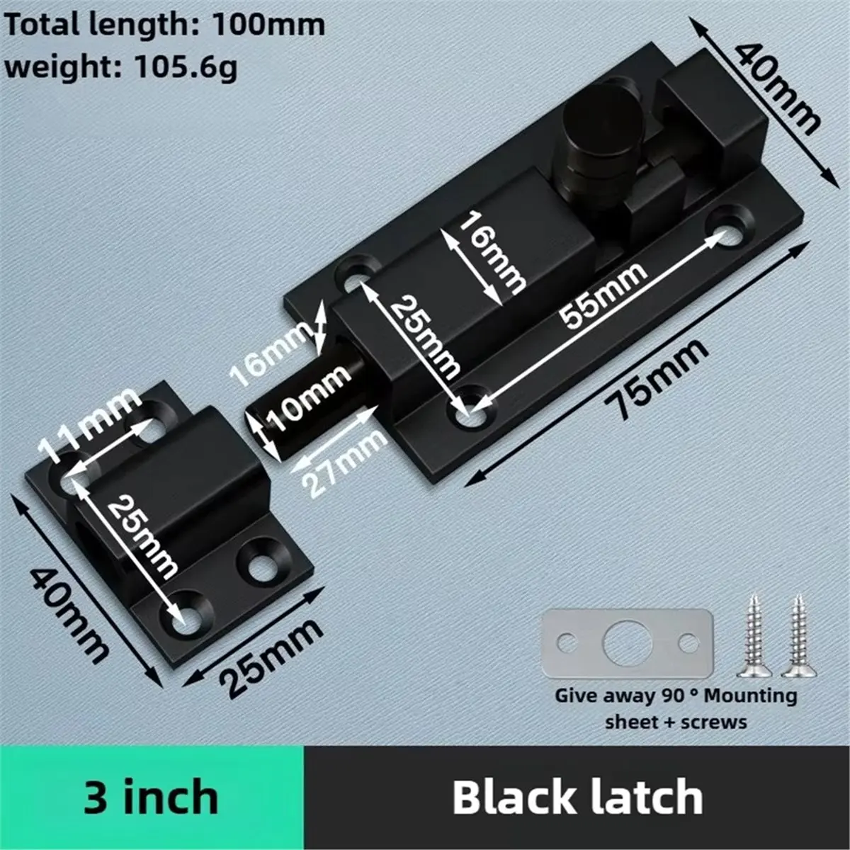 A78I 3 Inch Metal Door Security Lock Buckle Window Heavy Duty Thickened Sliding Gate Tower Bolt Catch Home Hardware Black