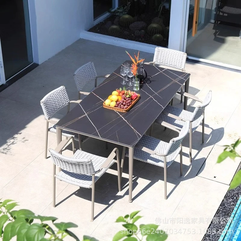 

Outdoor Table And Chair Set，Outdoor Open-Courtyards, Nordic Leisure Terrace, Sunroom, Woven Rope Chairs, Slate-Top Table And Cha