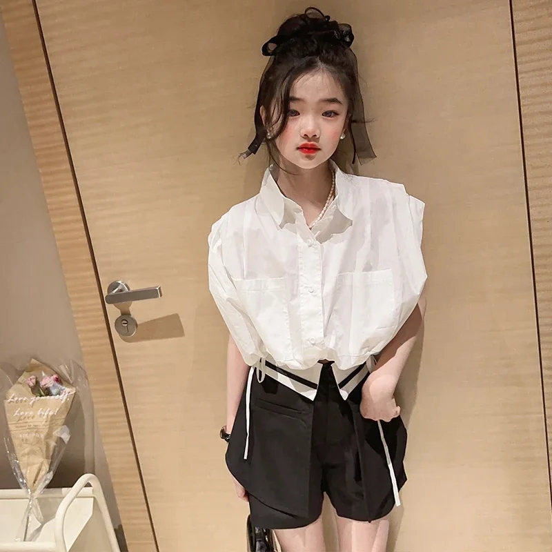 8 10 12 14 teen girl clothes set white shirt tops Black Shorts 2PCs kid summer Korean clothes short sleeve teen girls streetwear