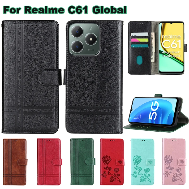 

For чехол на Realme C61 Global Case Leather Wallet Capa Flip Coque Phone Funda For Carcasas Realme C61 Global Mujer Hoesje 6.74"