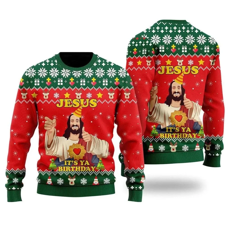 Ugly Christmas Sweater 3D Funny Jesus Printed Holiday Party Sweatshirt For Christmas Sweater Men Casual Long Sleeve Pullover Top