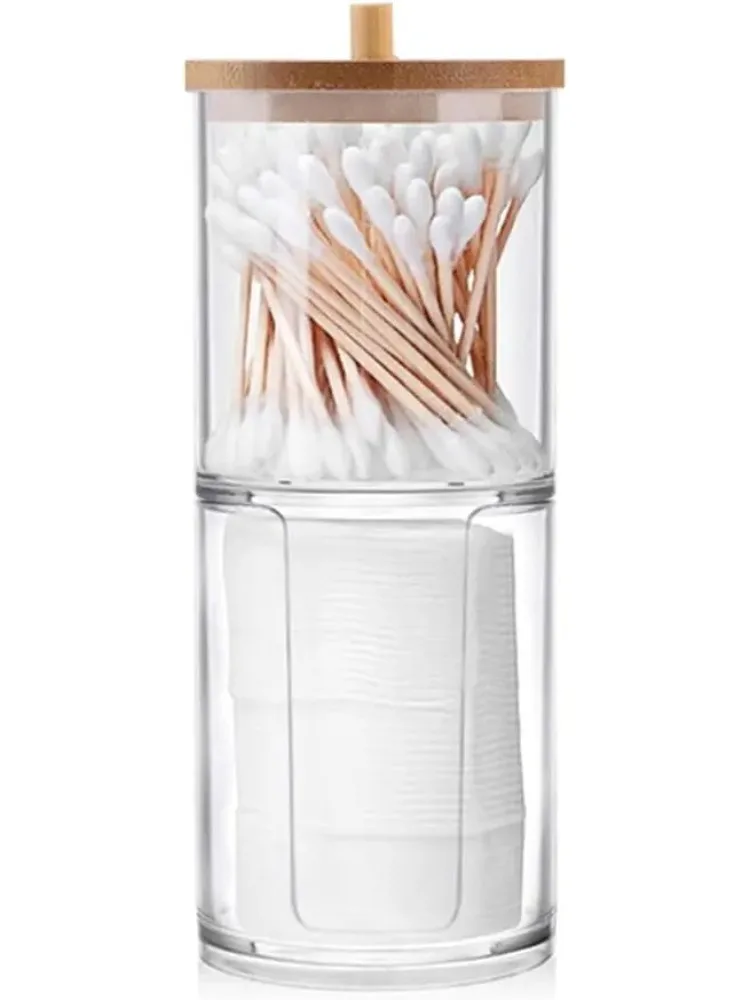 

Holder Dispenser with Cotton Pads Jar Set Bamboo Lid Stackable Bathroom Counter Acrylic Organizer to Storage Cotton Ball Cotton