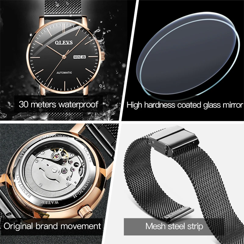 OLEVS New Fashion Ultra Thin Mechanical Watch Men Waterproof Date Week Luxury Business Automatic Watches Mens Relogio Masculino