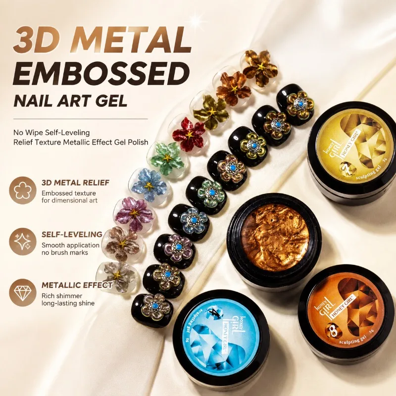 Metallic Solid Pinch‑mold Carving Gel, 3D Raised Emboss Manicure Compound, No‑wipe Long‑wear Metal‑finish Material, Professional
