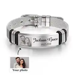 PolishedPlus Personalized Customize Bracelet Engraving Photo Word Date Anniversary Gift Adjustable Bangle For Men Dad Jewelry