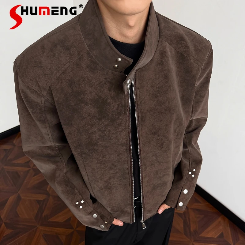 

Men Women 2025 Autumn New Trendy Versatile PU Leather Motorcycle Jackets Fashion Coats American Style Retro Stand Collar Jackets