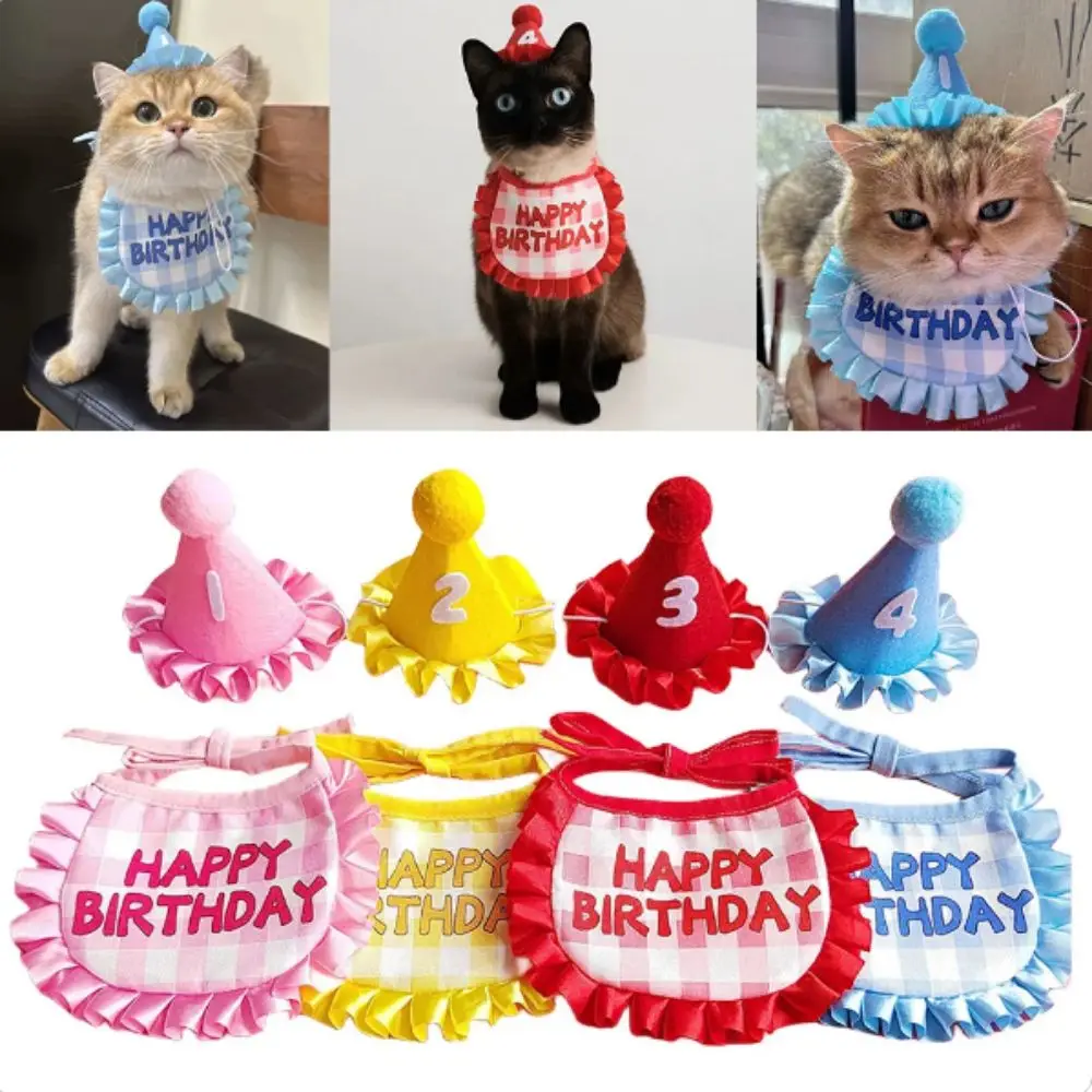 

Soft Cat Birthday Scarf Hat Set with Digital Stickers Cotton Polyester Cat Saliva Towel Puppy Birthday Hat Scarf