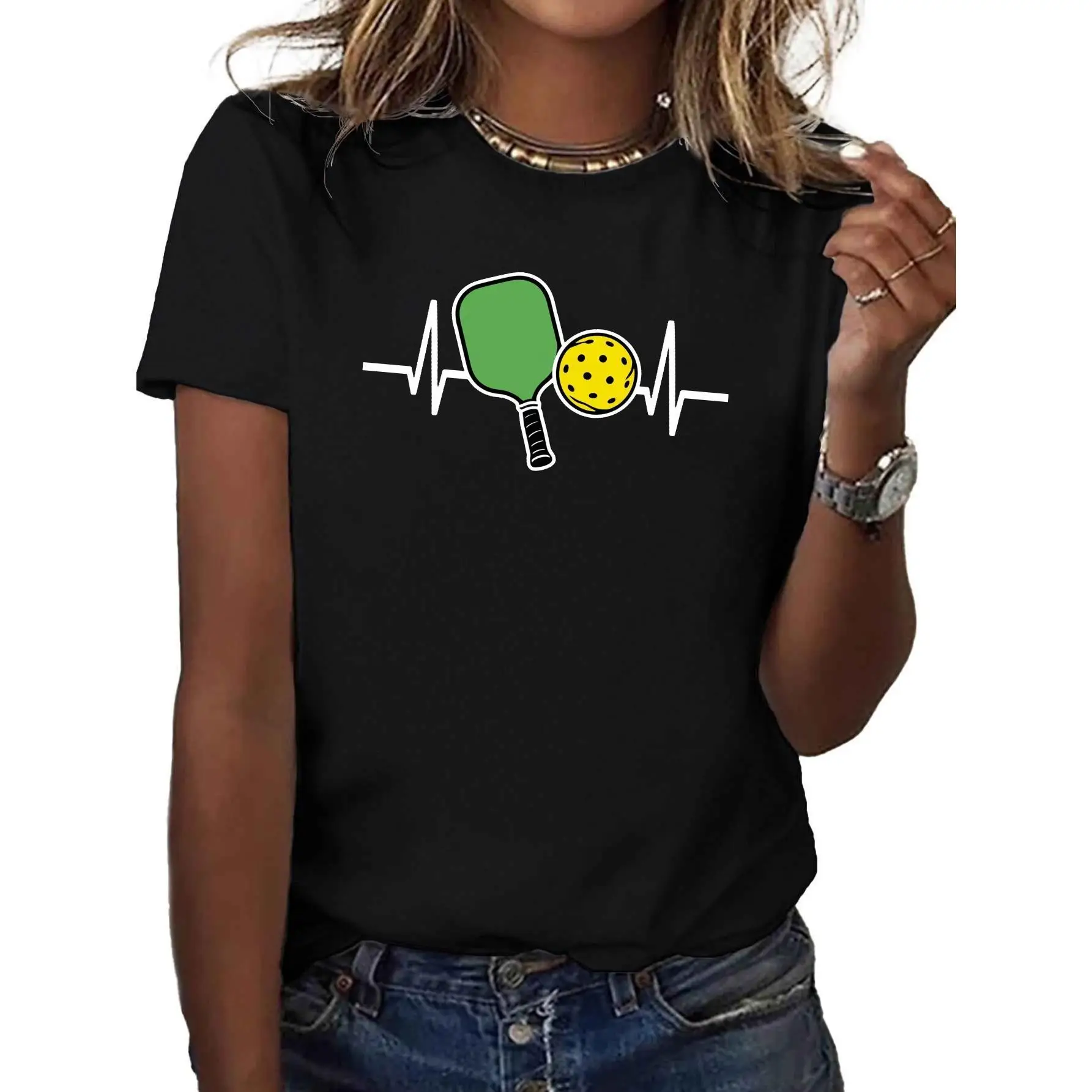 

Pickleball Heartbeat T-shirt Women Funny Sports Graphic Casual Summer Tee for Pickleball Players