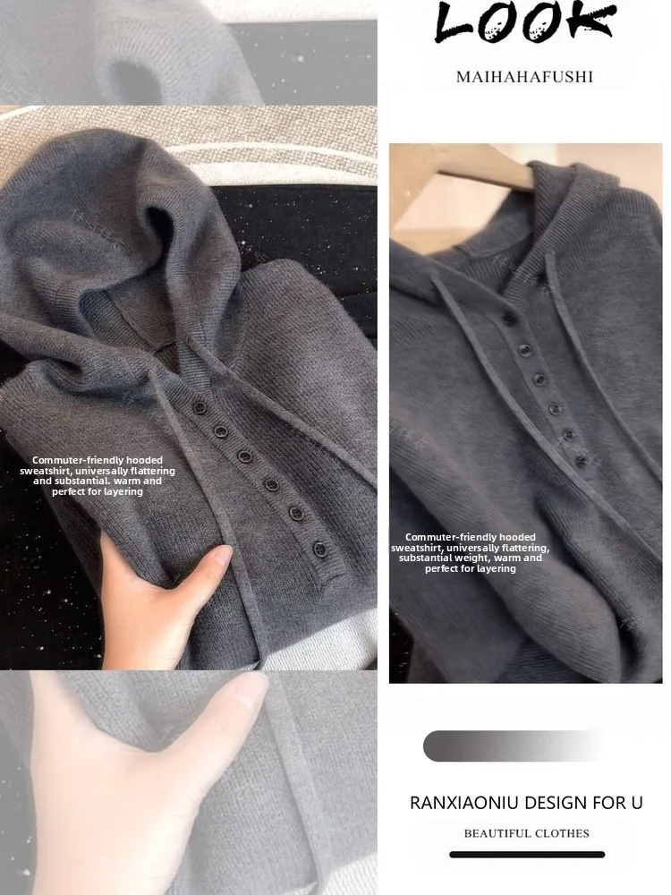 

Anti-Aging Knitted Hat Jaet Buttoned Overhead Sweater Set Women's Faion Commute Sle Autumn Winter Warm Two-Piece Suit