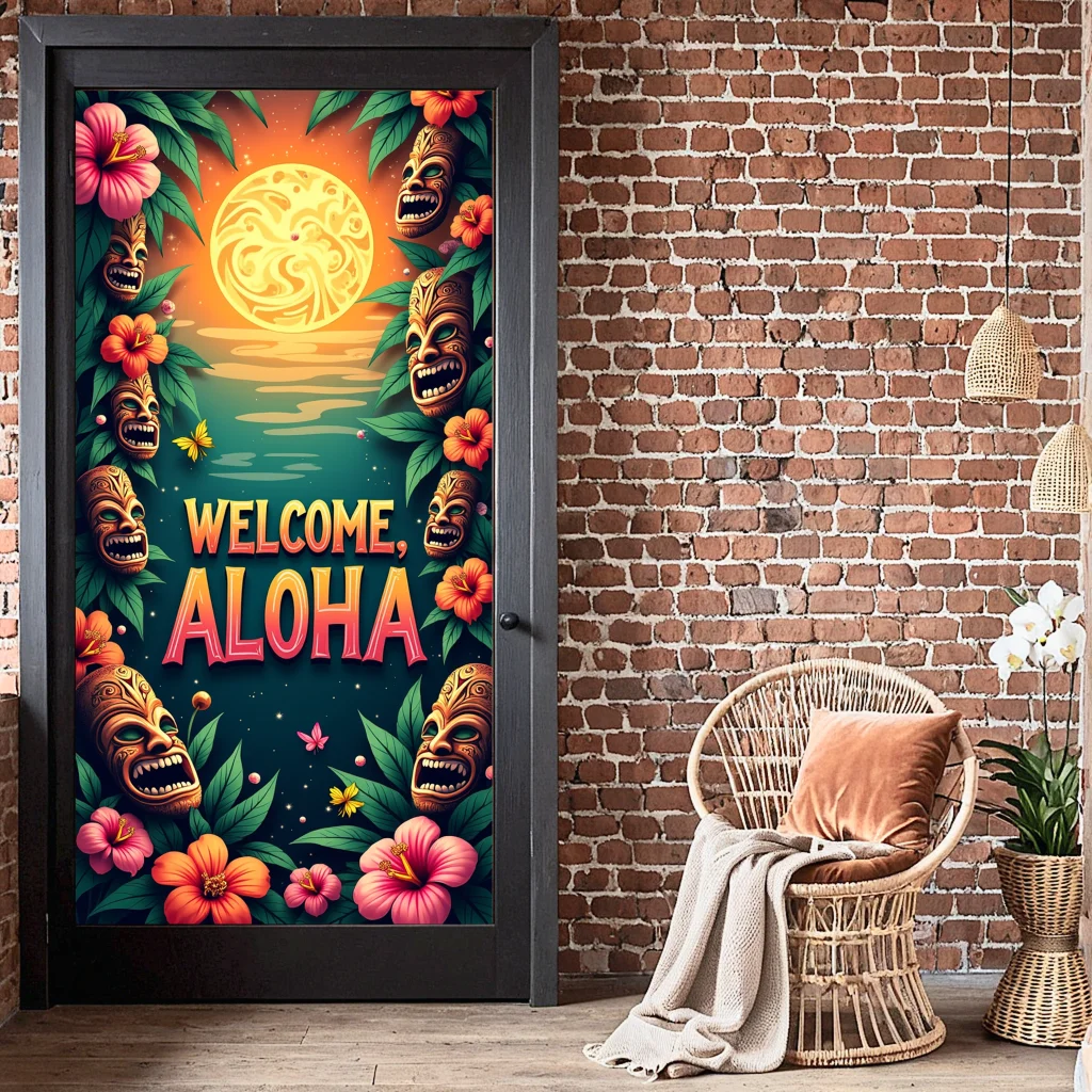 الاستوائية هاواي ترحيب راية تيكي قناع خلفية ألوها ديكور حفلات الصيف الحدث لوا الملونة الأزهار الشاطئ المشاعر الخلفية