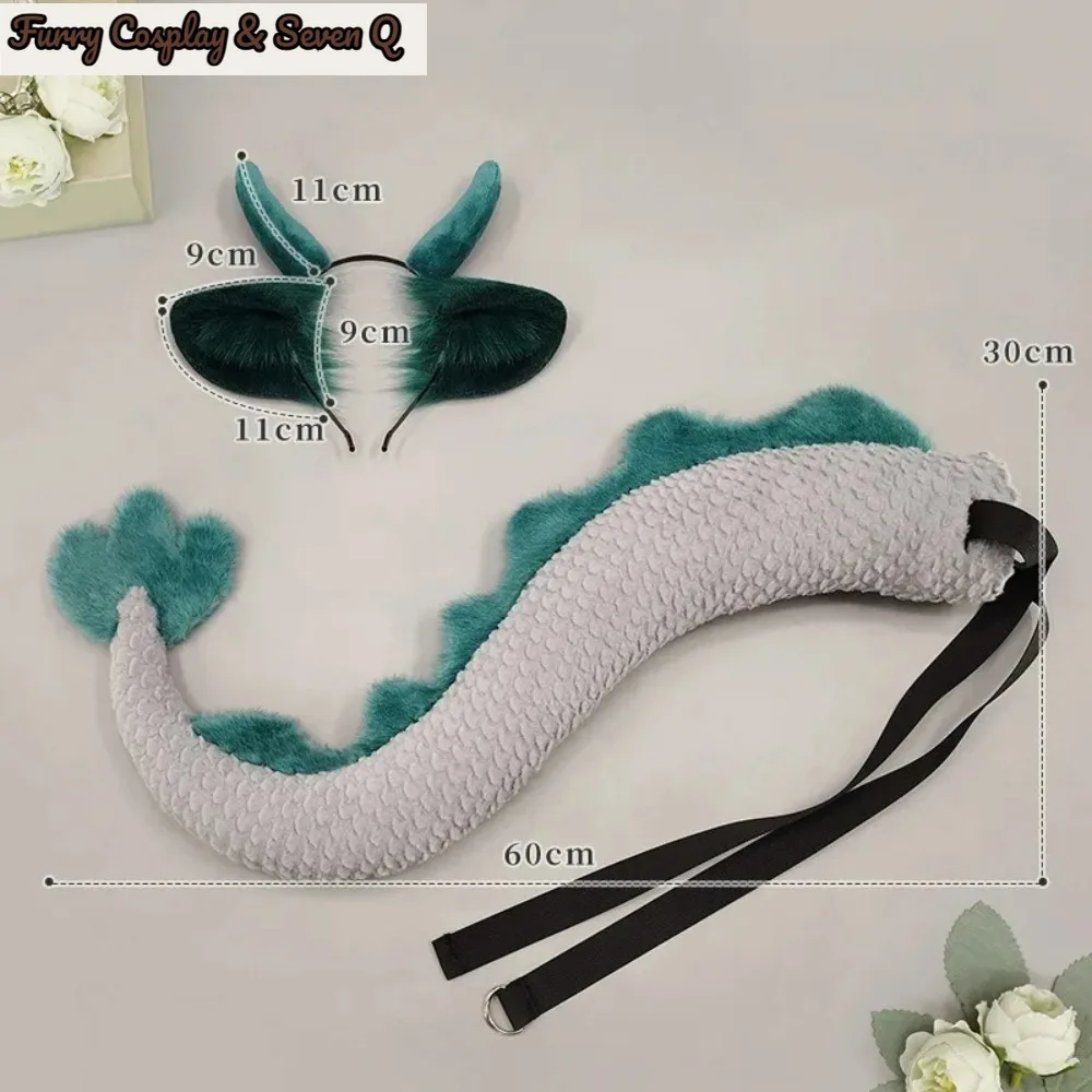 Handwork Little Dragon Ears Tail Set Fursuit Cosplay Costume Furry Animal Tails Ear Headband Halloween Party Suit for Women Men
