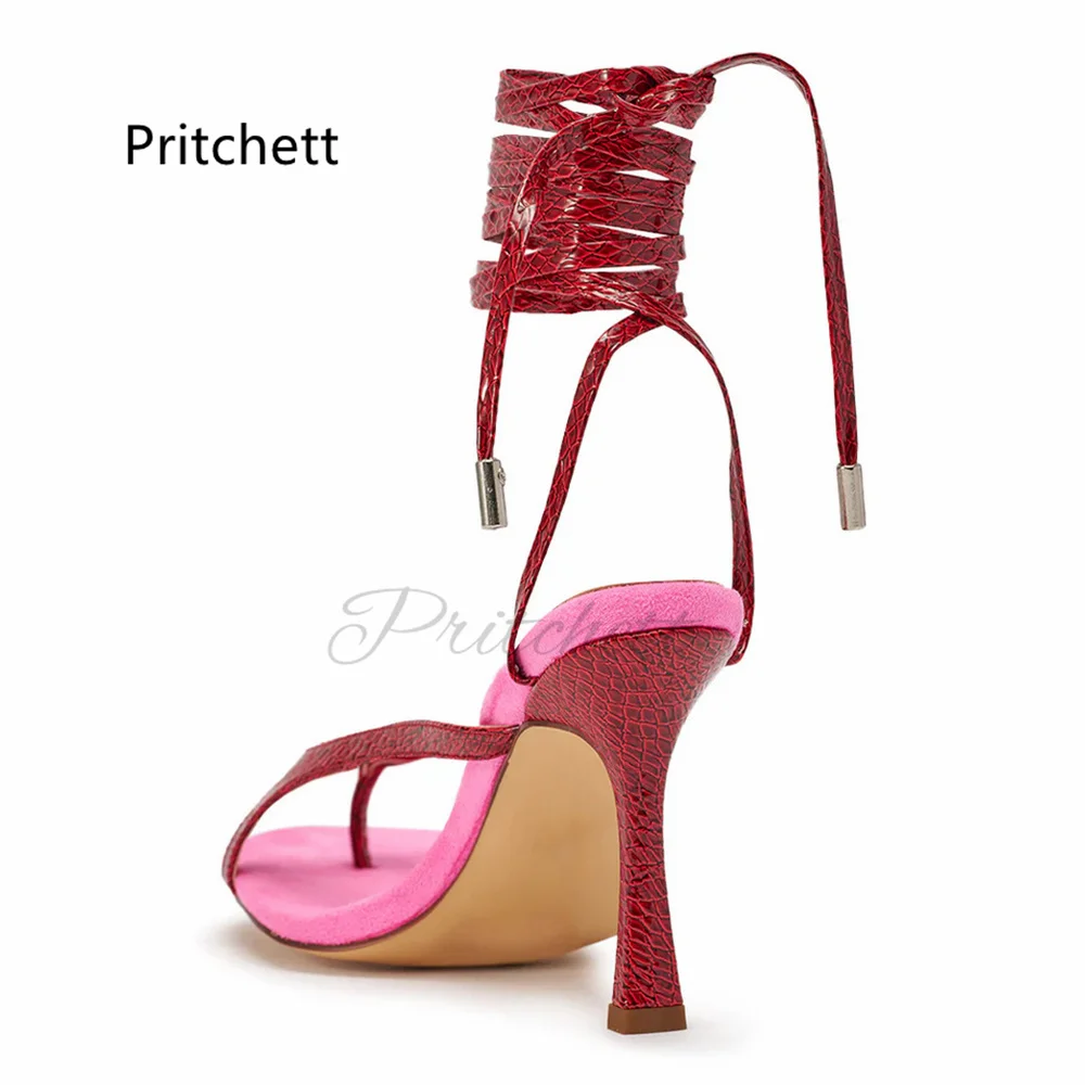 Flip-Flops Crocodile Pattern Stappy Sandals for Women Red Pu Leather Stiletto Cross Strap Summer Shoes Open Toe High Heels