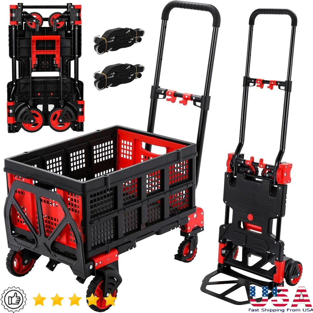 2-in-1 Folding Hand Truck Dolly with Foldable Basket 330LB Platform Cart Utility Cart W/Adjustable Handle & 2 Elastic Ropes