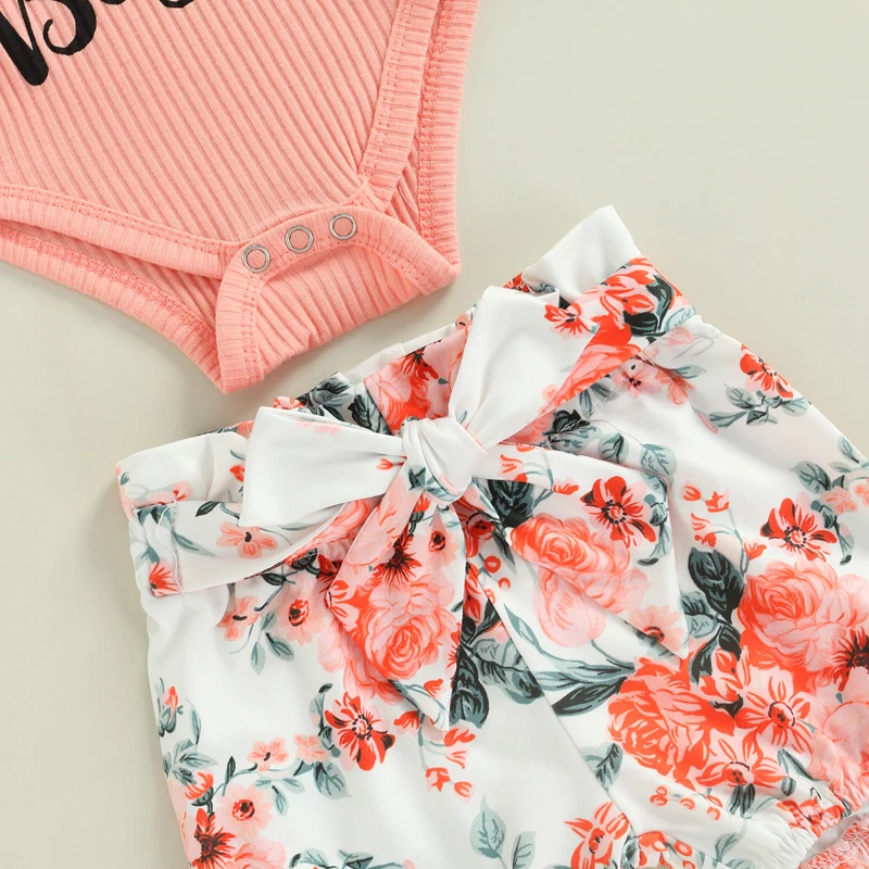 Newborn Baby Girl Summer Clothes Aunties Letter Short Sleeve Romper Top Floral Shorts Infant Outfit Set 3pcs