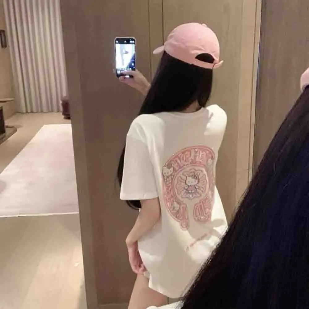 Korean Version Hello Kittys Diamond Printed Women's T-Shirt Y2K Sanrio Girls Short Sleeve Fashion Loose Casual Tops Large Size - view 5