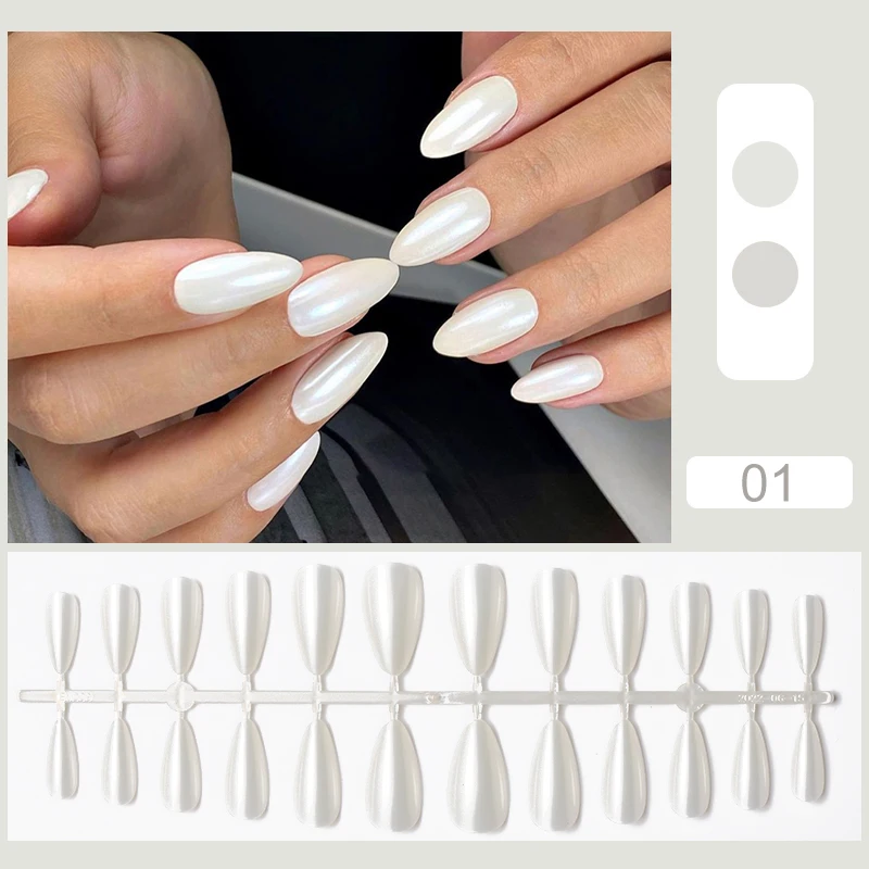 24Pcs Pearl Nude French Wearable False Fake Nail Tips Square Head Full Cover Nails Gel Press On Detachable Finished Fingernail