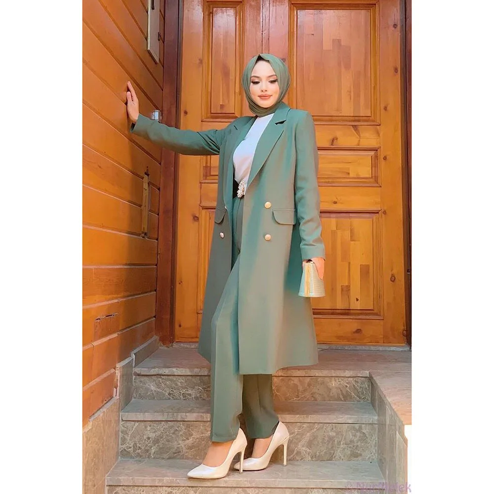 Smart New in Green Suits for Women Double Breasted 2 Pieces Long Jacket Pants Blazers Sets Office Lady Winter Female Clothing