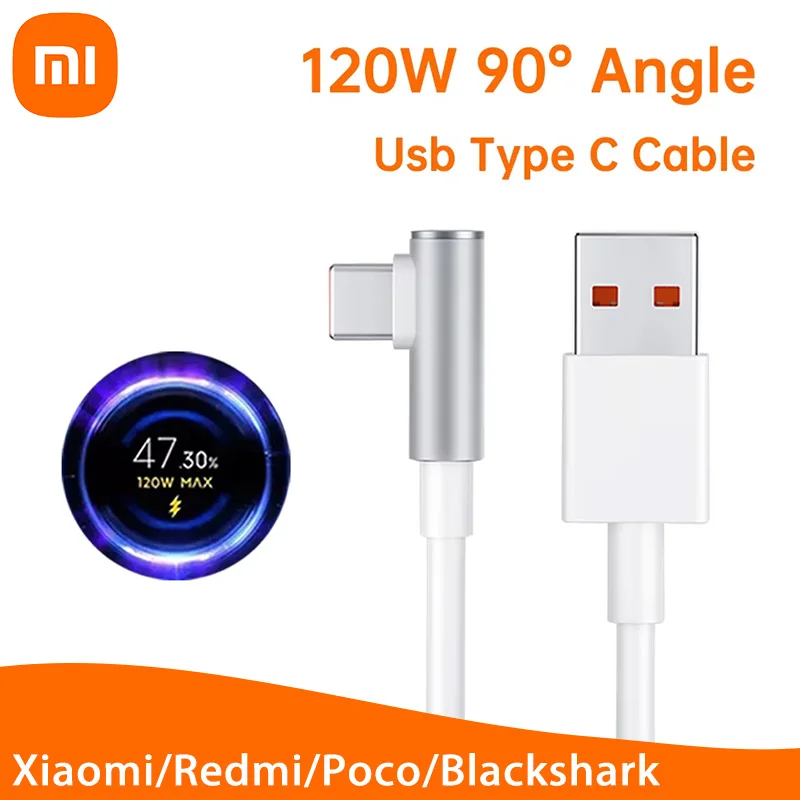 Xiaomi 6A Type C Charge Cable L Shaped 90 Degree Fast Charger USB Data Cable 120W Quick Charging Cable Accessories For Huawei