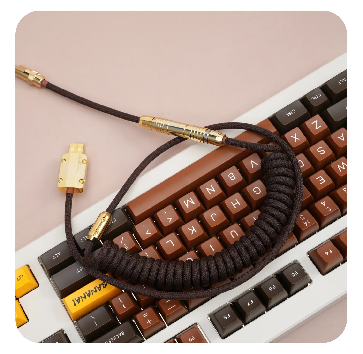 GeekCable Manual Customized Mechanical Keyboard Data Cable GMK Theme SP Key Cap Wire Braided Brown Gold hardware