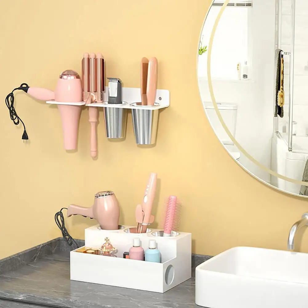 Hair Dryer Holder Acrylic Hair Tool Organizer with Cups for Wall Mounting Stylish Bathroom Accessories Holder for Curling Wand