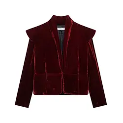 Vintage Woman Burgundy Velvet Jacket Lapel Elegant Casual Long Sleeve Coat 2024 Ladies Female Autumn High Street Warm Outwear