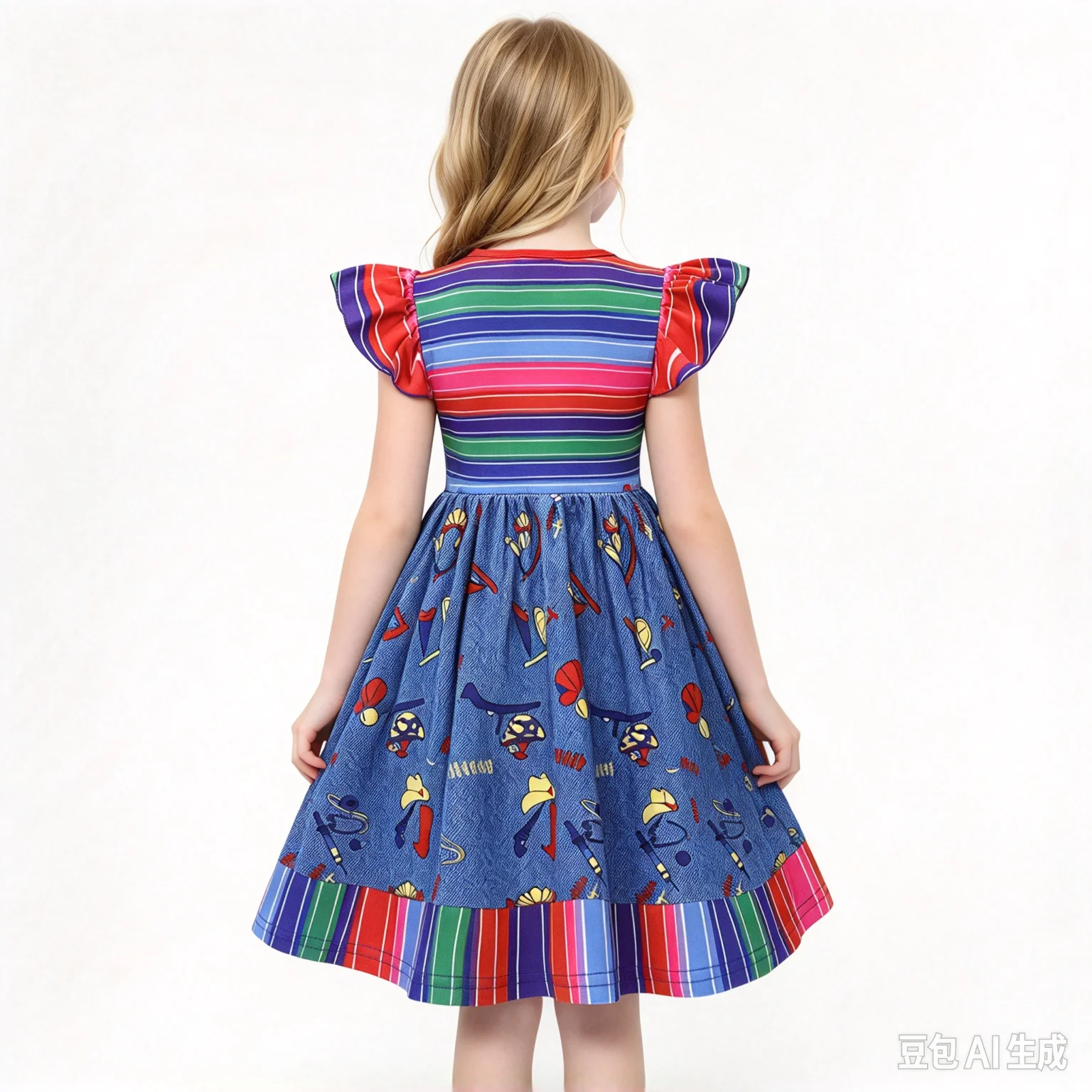 Girls Cartoon Print A-line Midi Dress for Kids Flutter Flying Sleeve Twirl Dress Halloween Cosplay Party Fancy Dress Up Costume