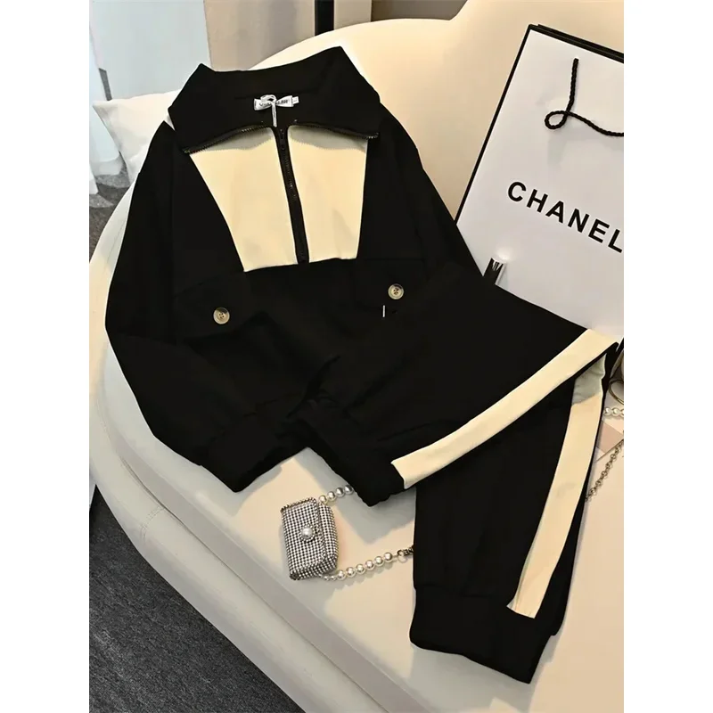 NiceMix Oversize Tracksuits Women Casual Color Contrast Turtleneck Jacket Simple Casual Sweatpants 2024 Versatile Female Wear