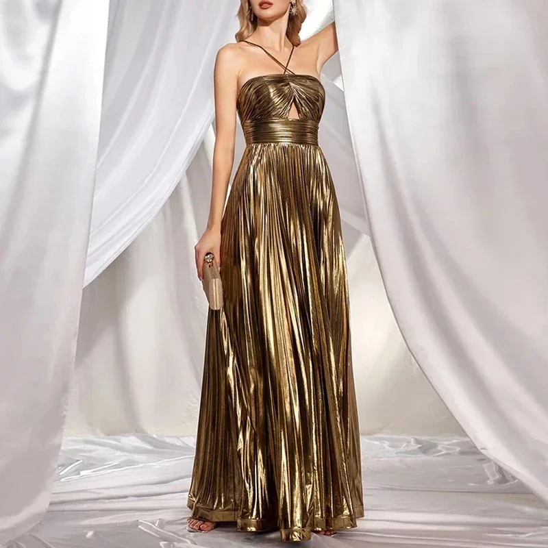 Sexy Hollow Out Backless Pleated Party Evening Dresses Women Elegant Hanging Neck Sleeveless Waist Vent Maxi Dress New Vacation